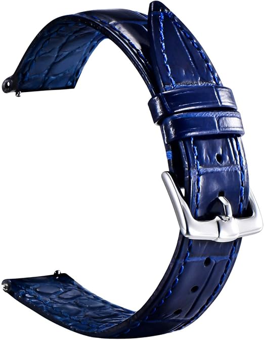 Landwin 20mm Quick Release Leather Watch Strap - Alligator Embossed Blue/Black | Men & Women Smartwatch Band, Stainless Steel Buckle