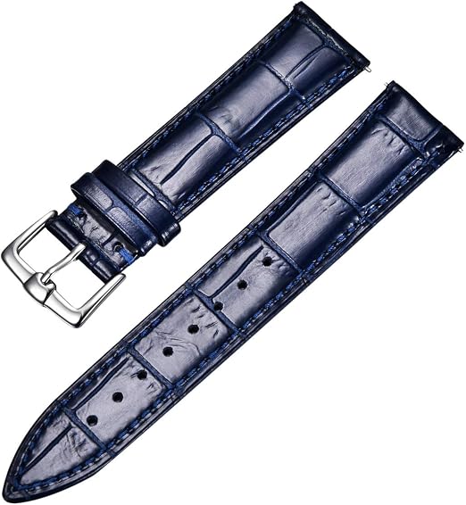 Landwin 20mm Quick Release Leather Watch Strap - Alligator Embossed Blue/Black | Men & Women Smartwatch Band, Stainless Steel Buckle