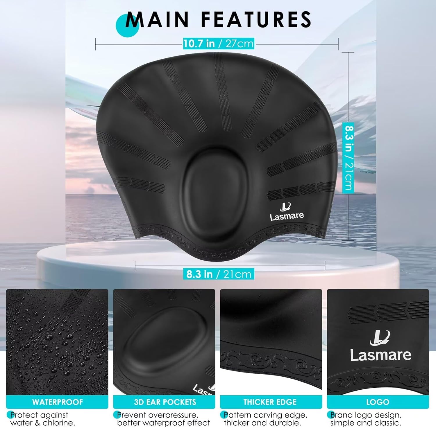 Lasmare long hair swim cap with 3D ear protection, waterproof silicone design, suitable for women and men, black and blue color.