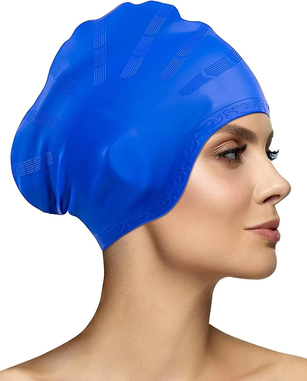 Lasmare long hair swim cap with 3D ear protection, silicone waterproof hat for women and men, includes ear plugs and nose clip.