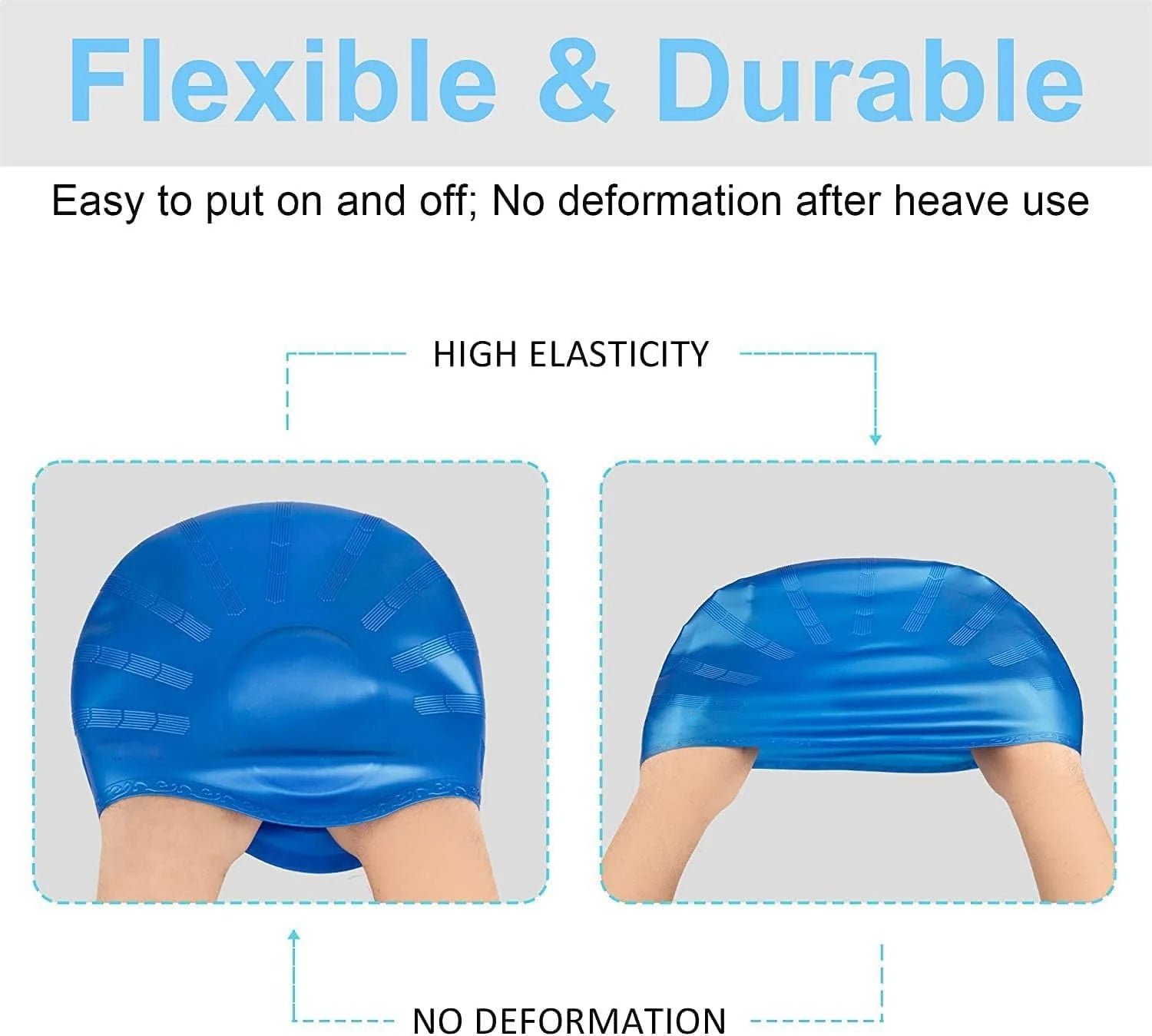 Lasmare long hair swim cap with 3D ear protection, silicone waterproof hat for women and men, includes ear plugs and nose clip in black/blue