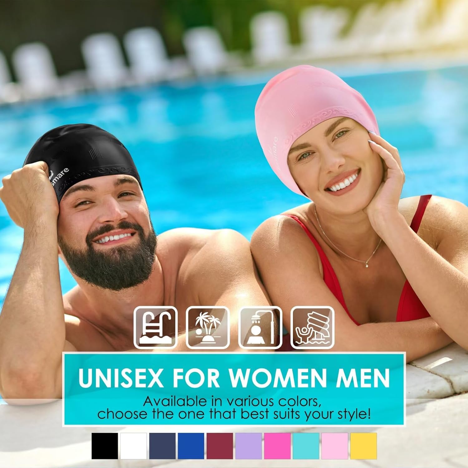 Lasmare long hair swim cap with 3D ear protection, waterproof silicone design, suitable for women and men, in black and blue.