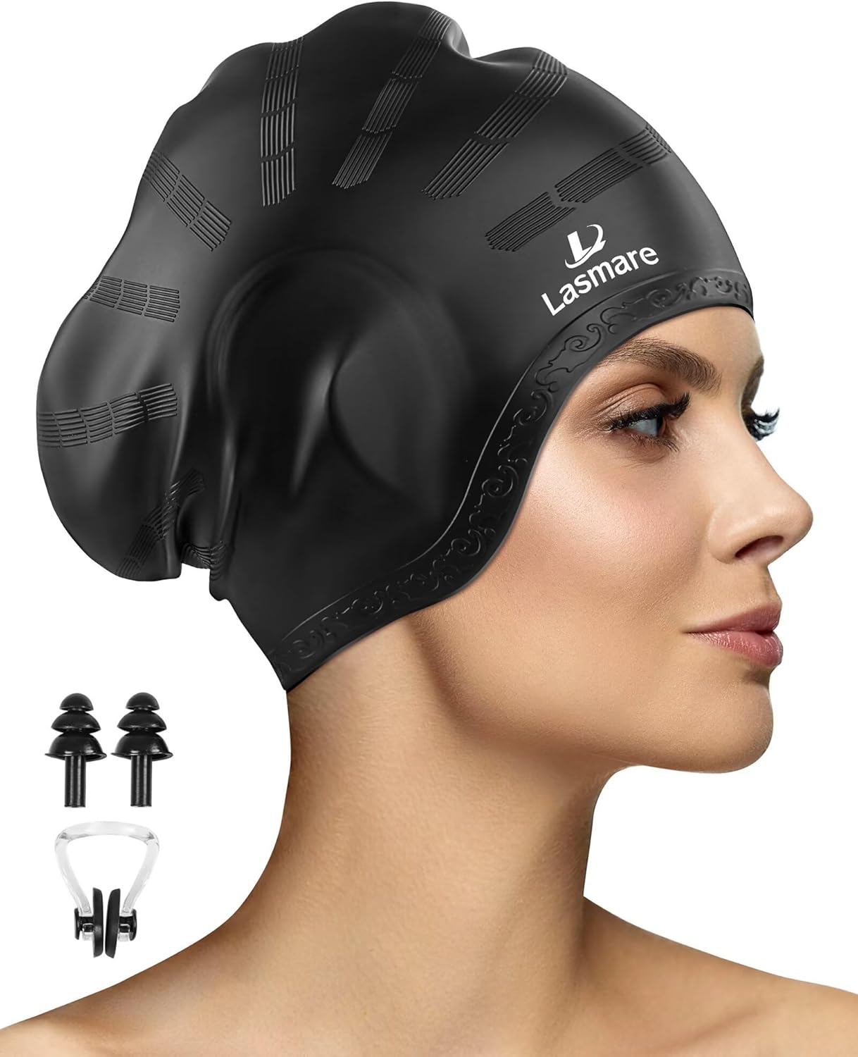 Lasmare long hair swim cap with 3D ear protection, silicone waterproof hat for women and men, includes ear plugs and nose clip.