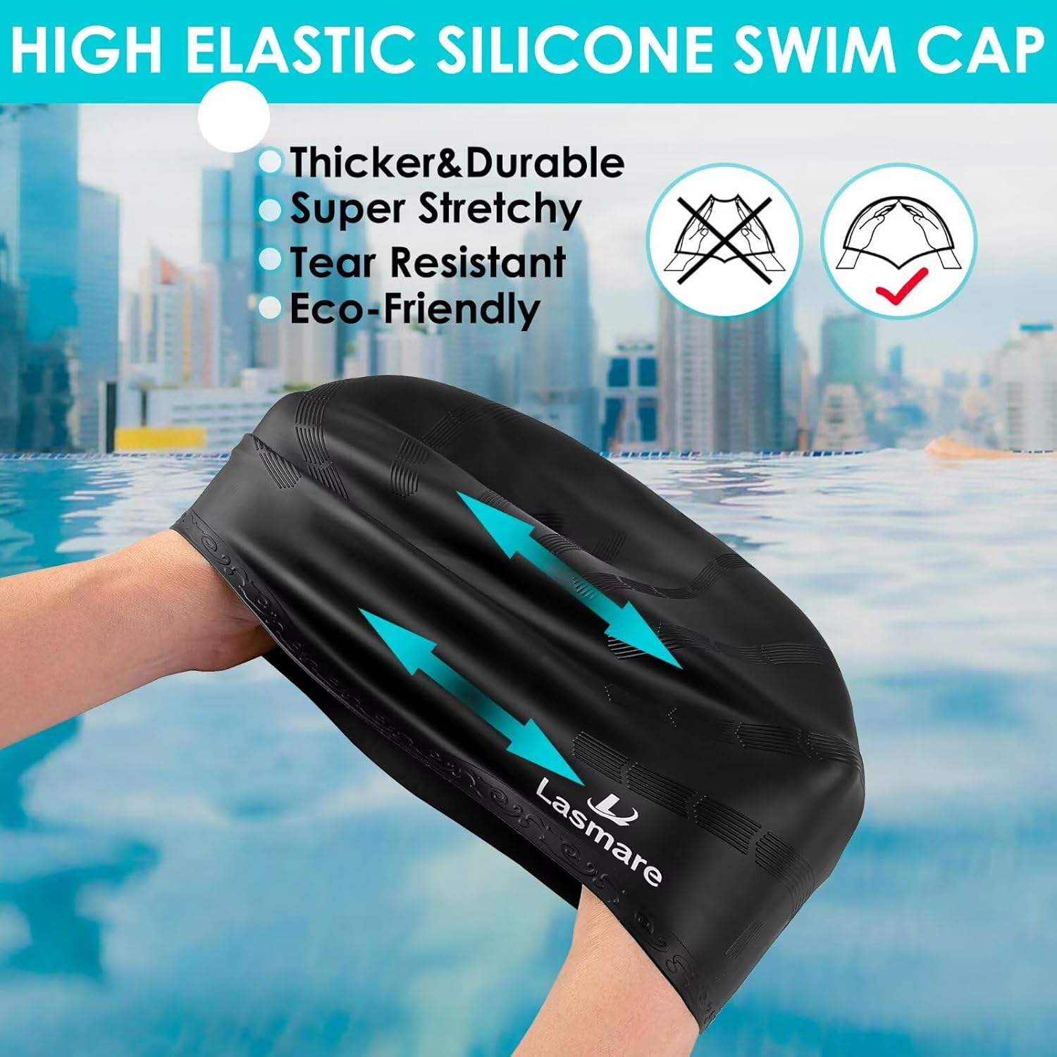 Lasmare long hair swim cap with 3D ear protection, silicone waterproof swimming hat for women and men in black and blue.