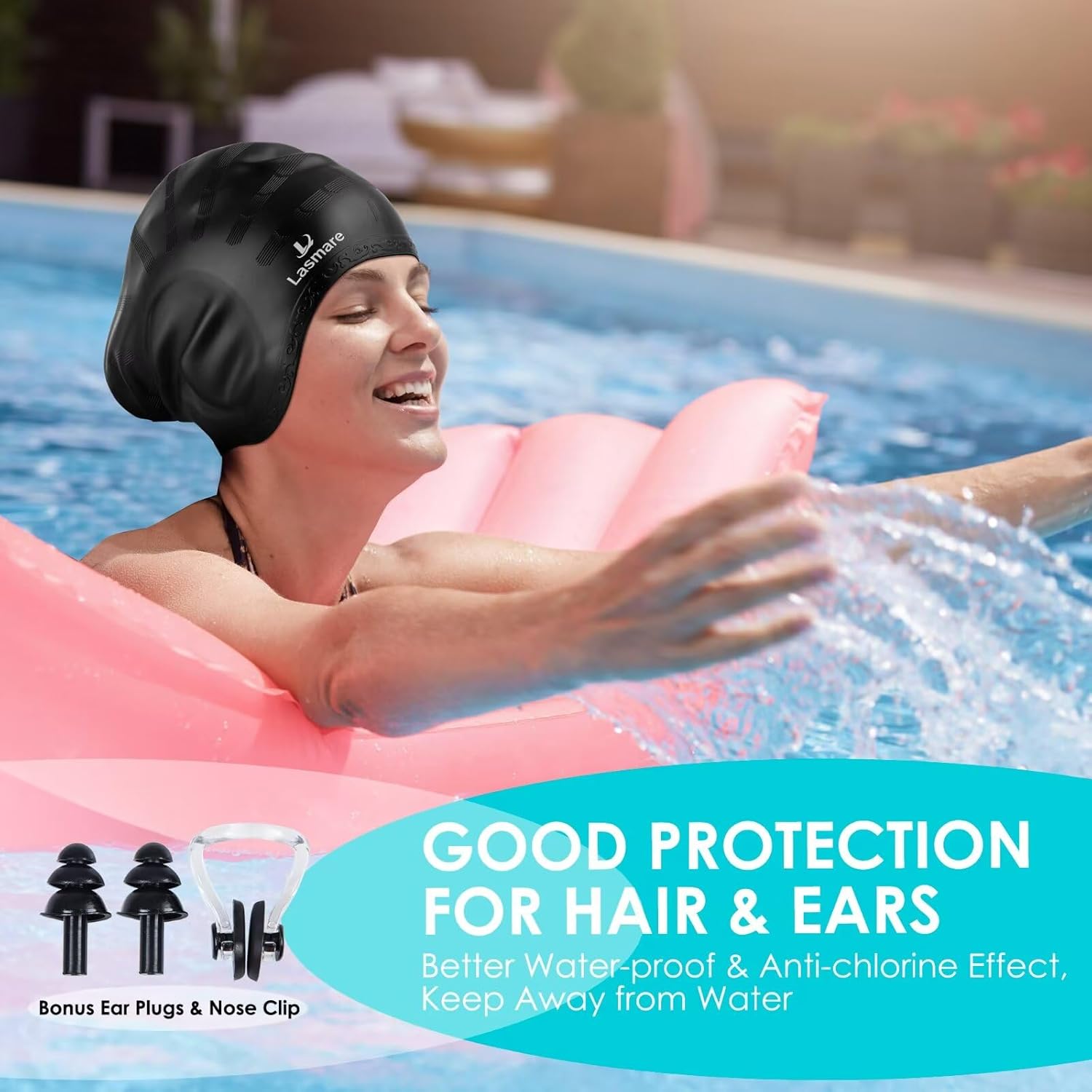 Lasmare long hair swim cap with 3D ear protection, silicone waterproof swimming hat for women and men, includes ear plugs and nose clip.