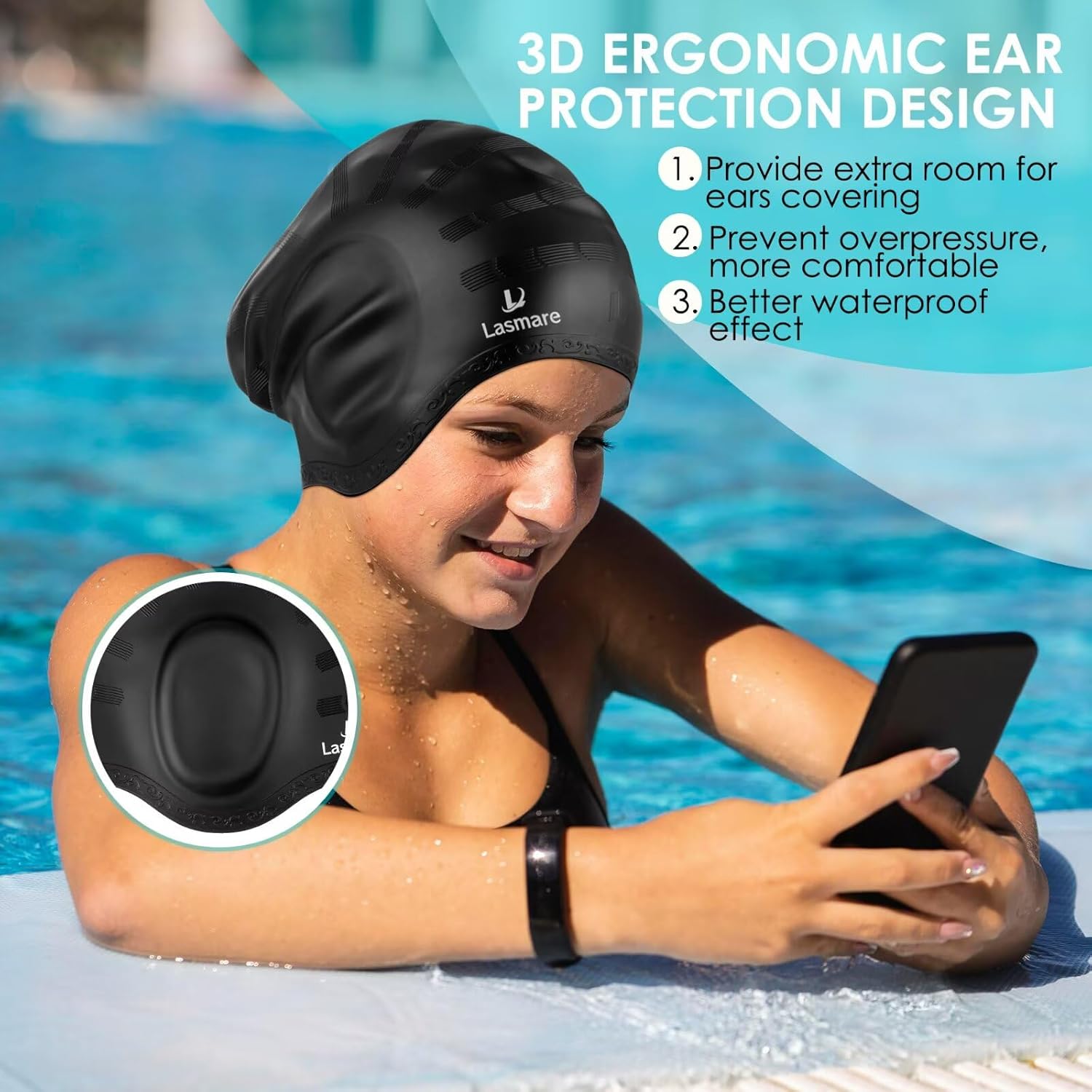 Lasmare long hair swim cap with 3D ear protection, waterproof silicone design, includes ear plugs and nose clip for women and men.