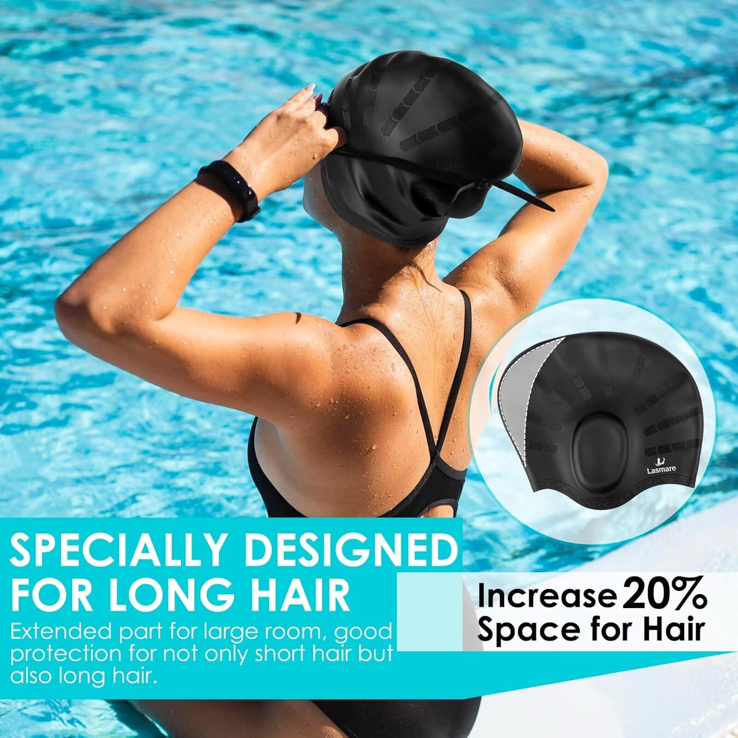 Lasmare long hair silicone swim cap with 3D ear protection, waterproof bathing hat for women and men, includes ear plugs and nose clip.