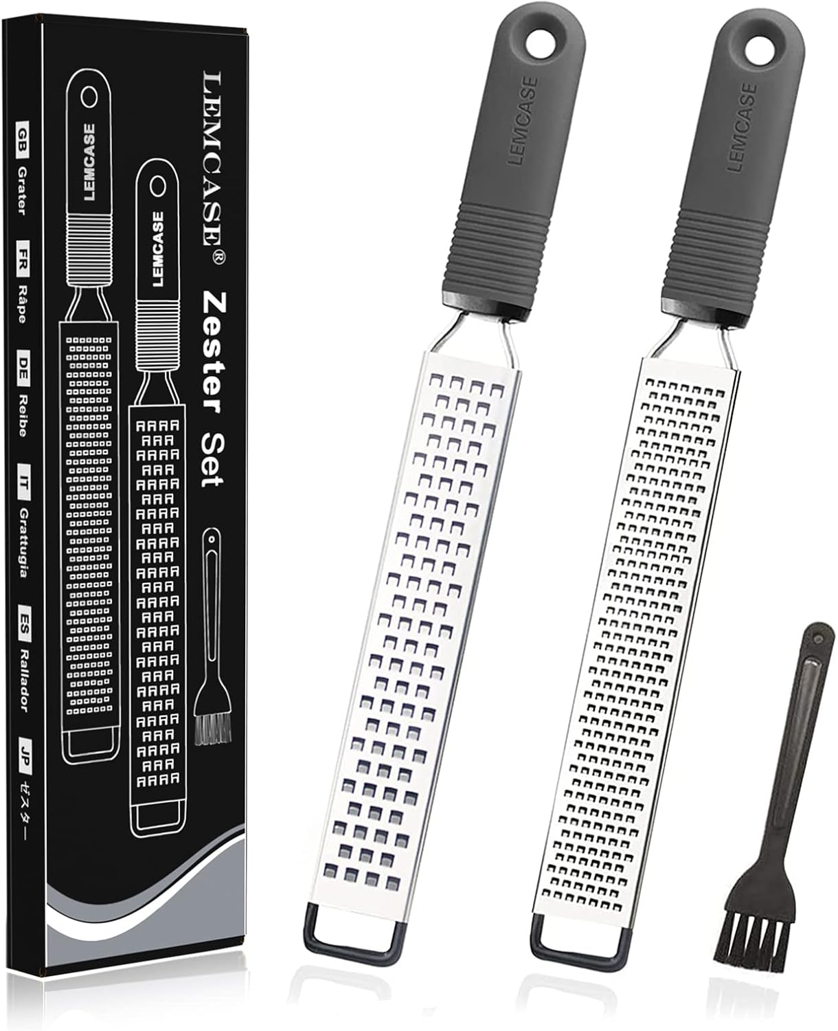 LEMCASE Ultimate 2-piece zester and cheese grater set with stainless steel blades and silicone handle for citrus, cheese, and more.