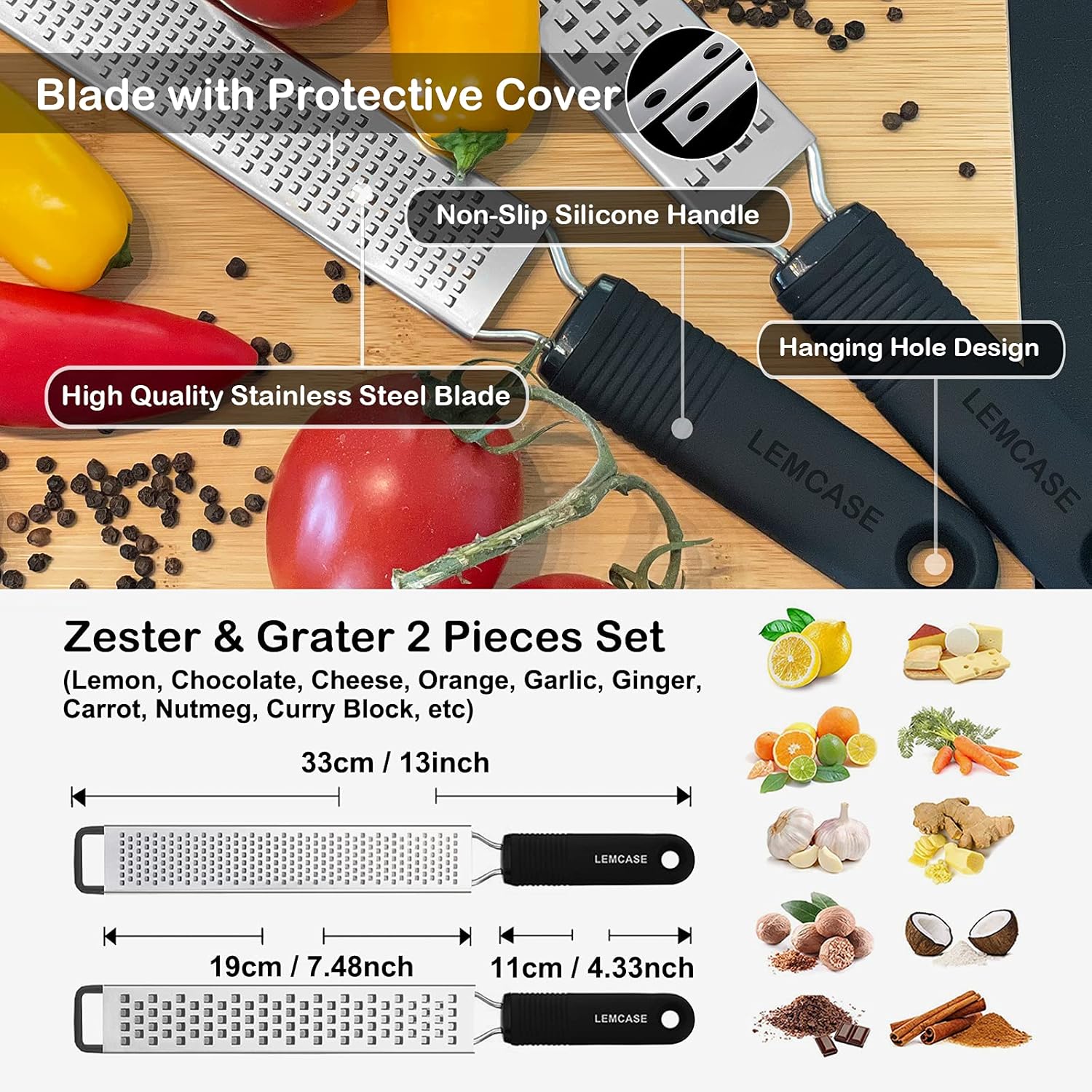 LEMCASE Ultimate 2-piece zester and cheese grater set with stainless steel blades and silicone handle for citrus, cheese, and more.