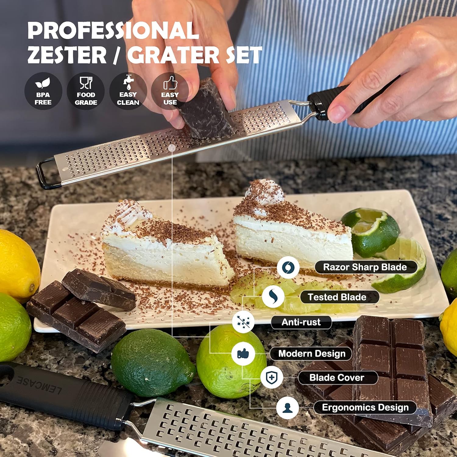 LEMCASE Ultimate 2-piece zester and cheese grater set with stainless steel blades and silicone handle for citrus, cheese, chocolate, and more.