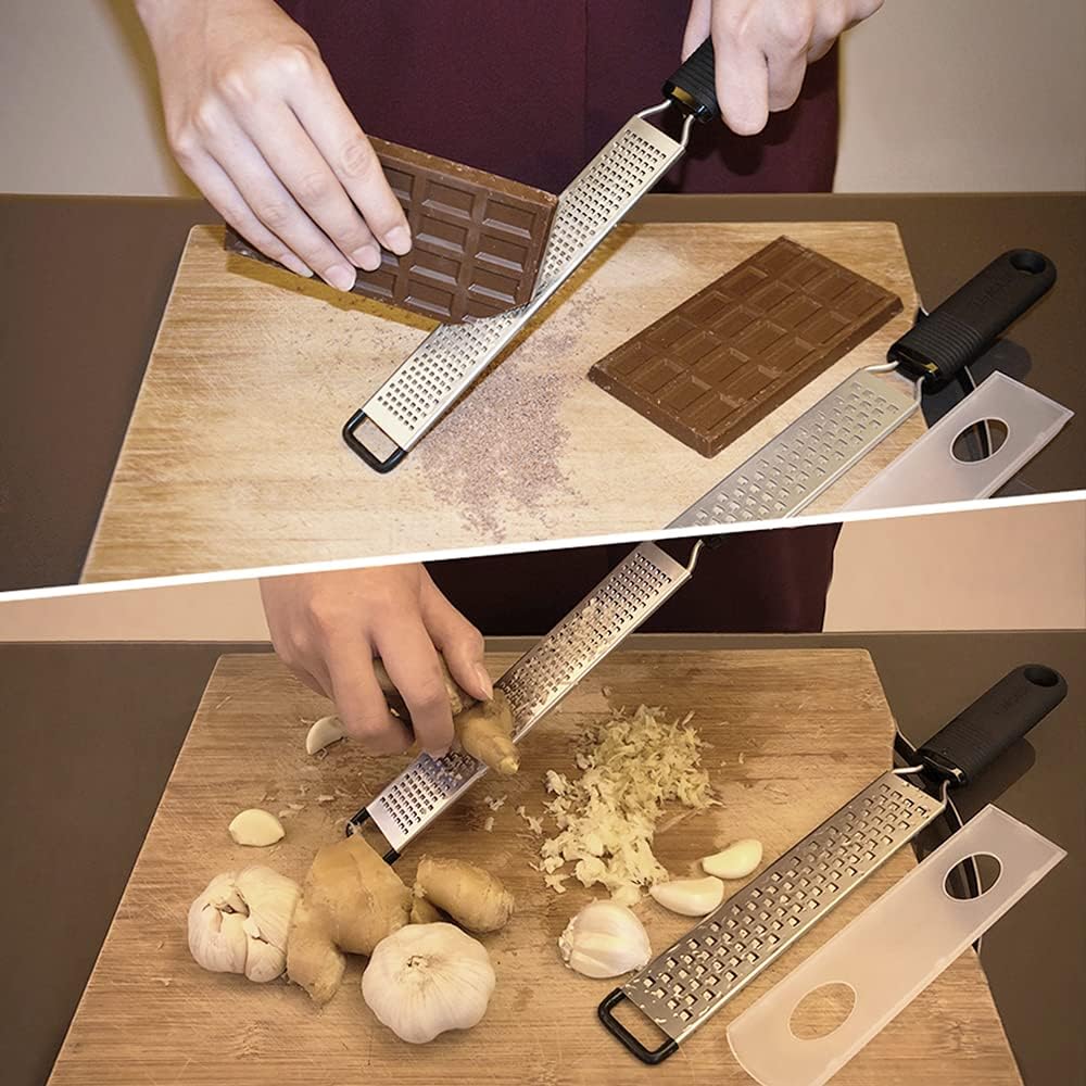 LEMCASE Ultimate 2-piece zester and cheese grater set with stainless steel blades and silicone handle, ideal for citrus, cheese, and chocolate.