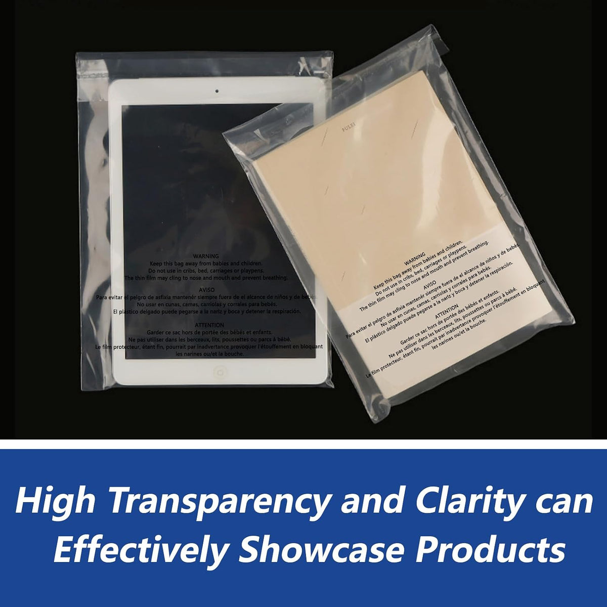 Lesibag 100-pack 12x15-inch clear poly bags with self-seal adhesive for T-shirts and clothing packaging, FBA compliant.