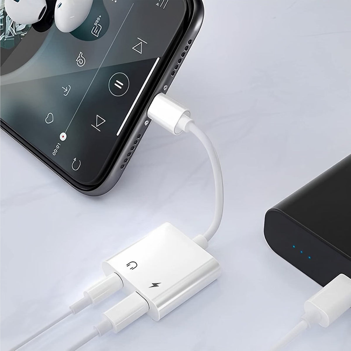 Loydia 2-in-1 Lightning to 3.5mm adapter for iPhone, headphone and fast charger dongle with compact design.