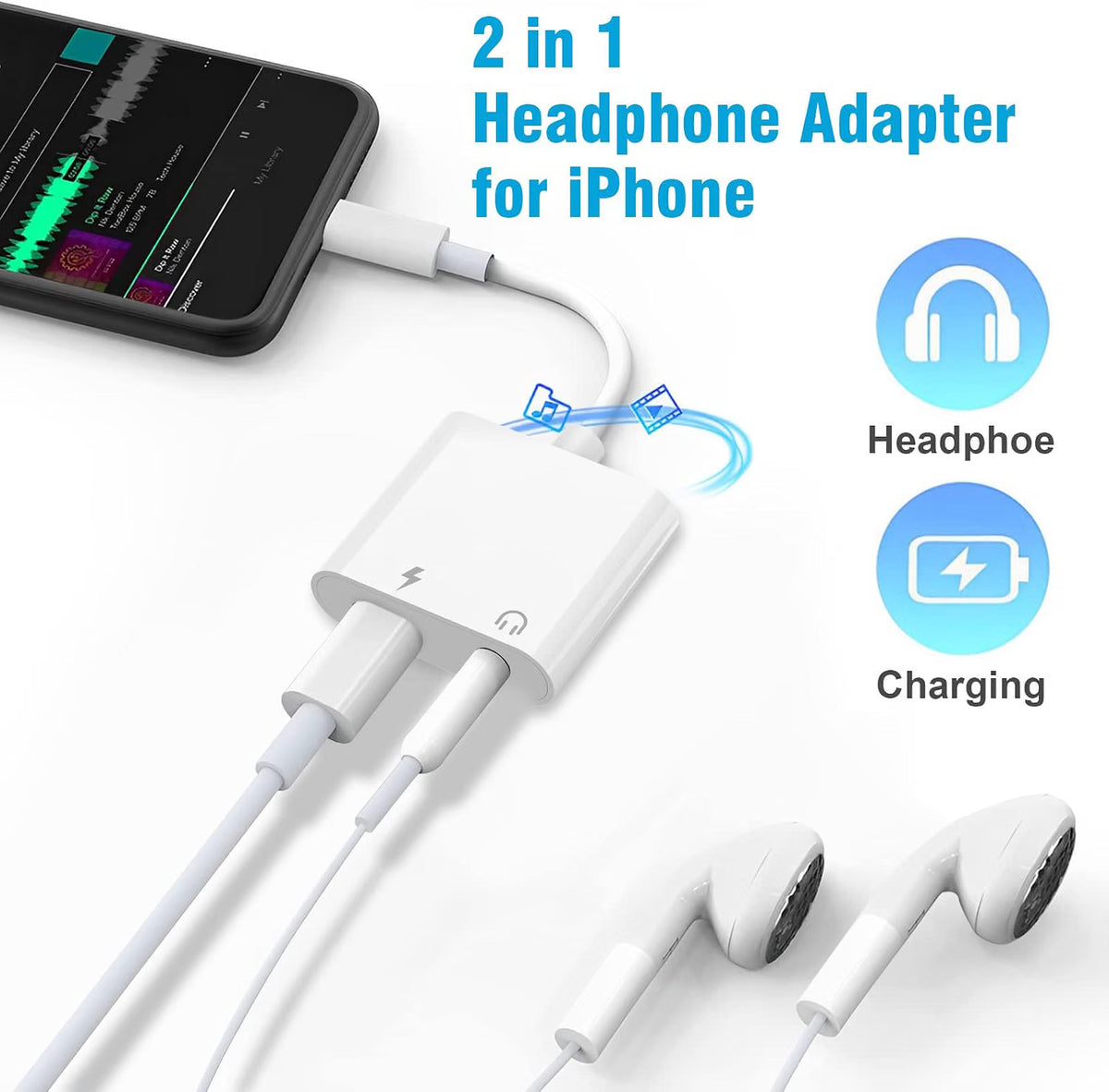 Loydia 2-in-1 Lightning to 3.5mm adapter for iPhone with headphone and fast charger ports, compact and portable design.