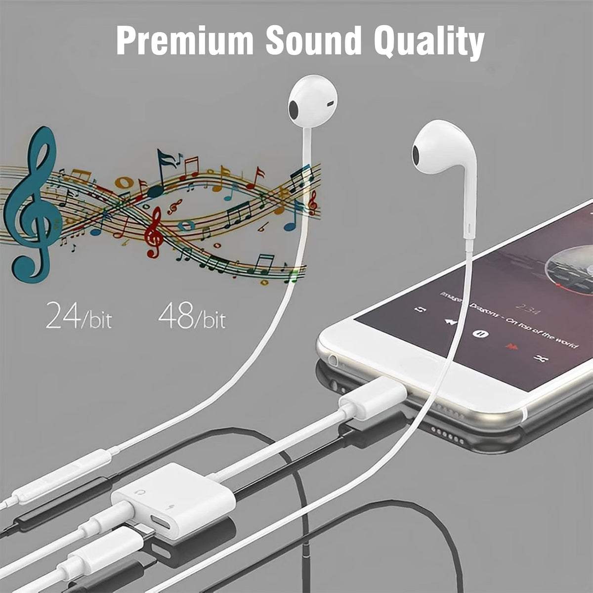 Loydia 2-in-1 Lightning to 3.5mm adapter for iPhone, showing the compact headphone and fast charger dongle in close-up.