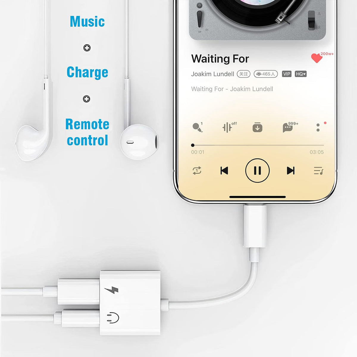Loydia 2-in-1 Lightning to 3.5mm adapter for iPhone, showing a compact dongle with Lightning and headphone ports.