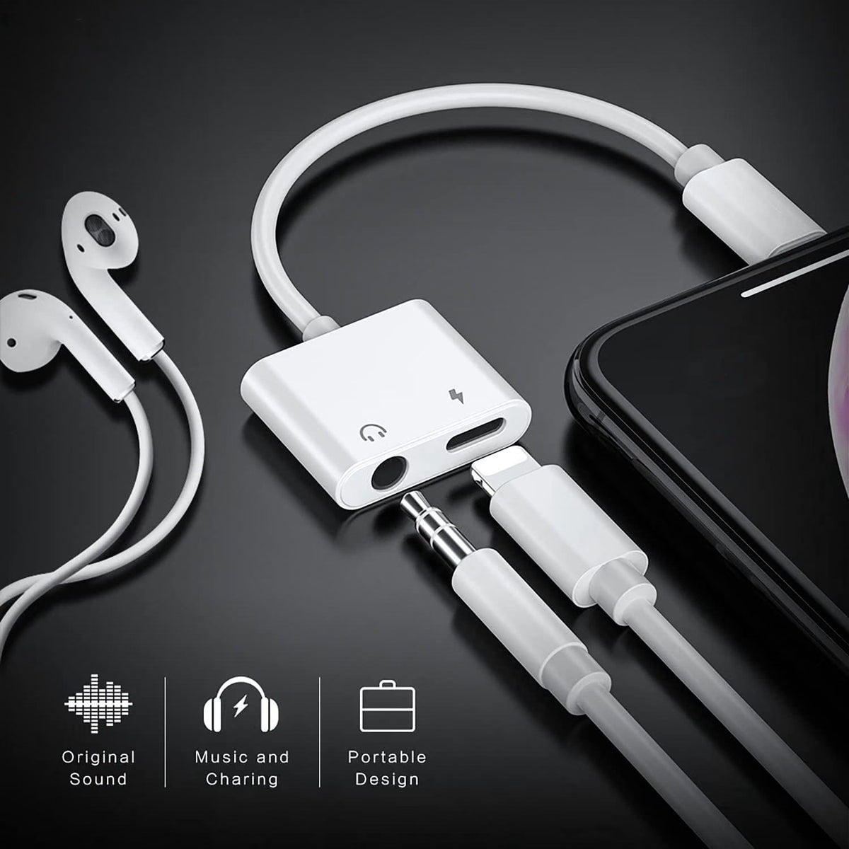 Loydia 2-in-1 Lightning to 3.5mm adapter for iPhone, featuring headphone and fast charger ports on a compact black dongle.