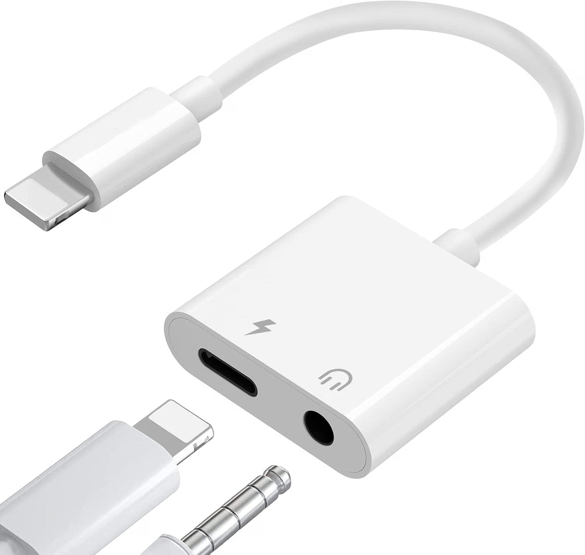 Loydia 2-in-1 Lightning to 3.5mm adapter for iPhone, showing compact black dongle with port options for headphones and fast charging