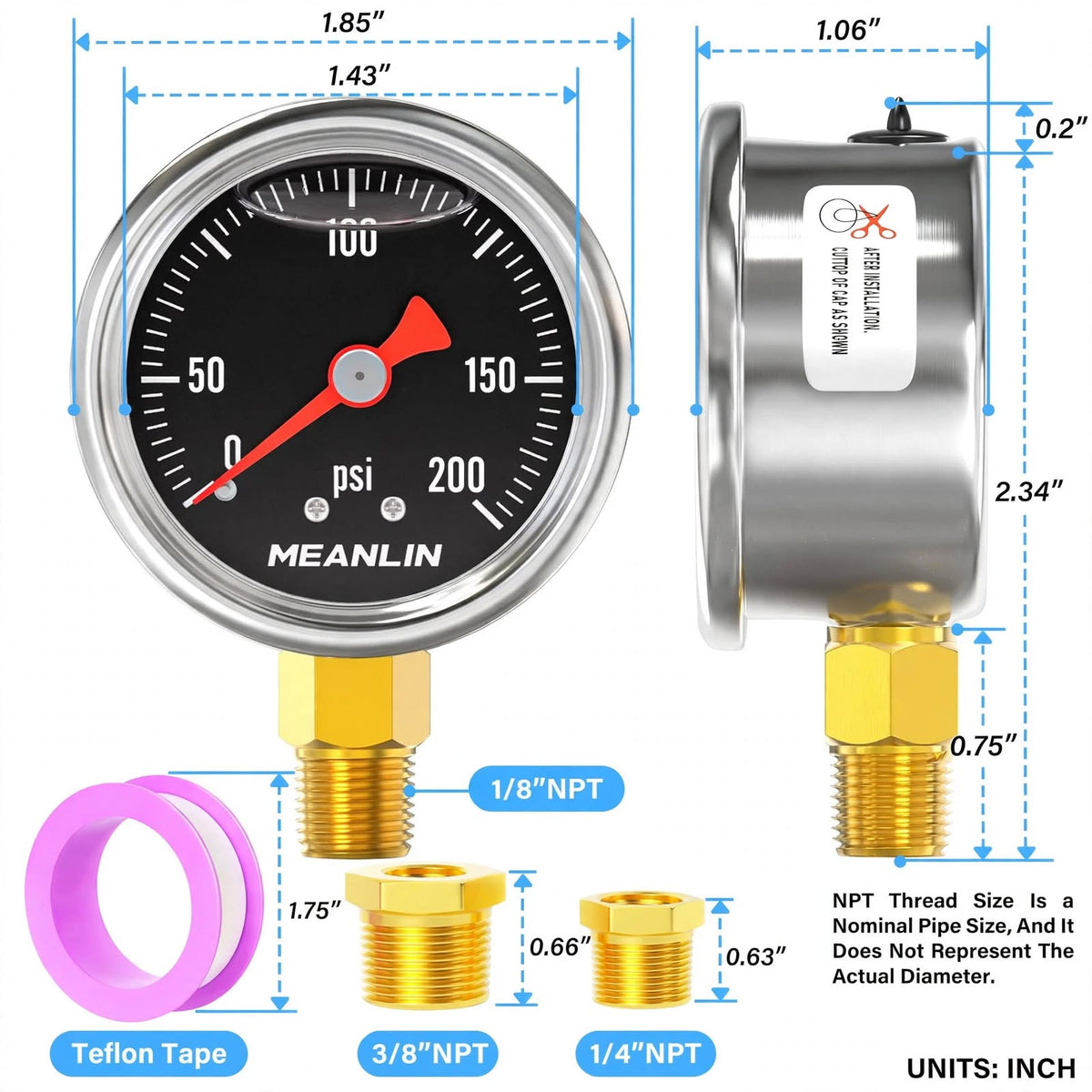 MEANLIN MEASURE 0-200 PSI Glycerin Filled Pressure Gauge - 1.5" Dial Stainless Steel Liquid Filled Gauge 1/8" NPT Lower Mount with 1/4" & 3/8" NPT Bushing + Teflon Tape - Black Dial