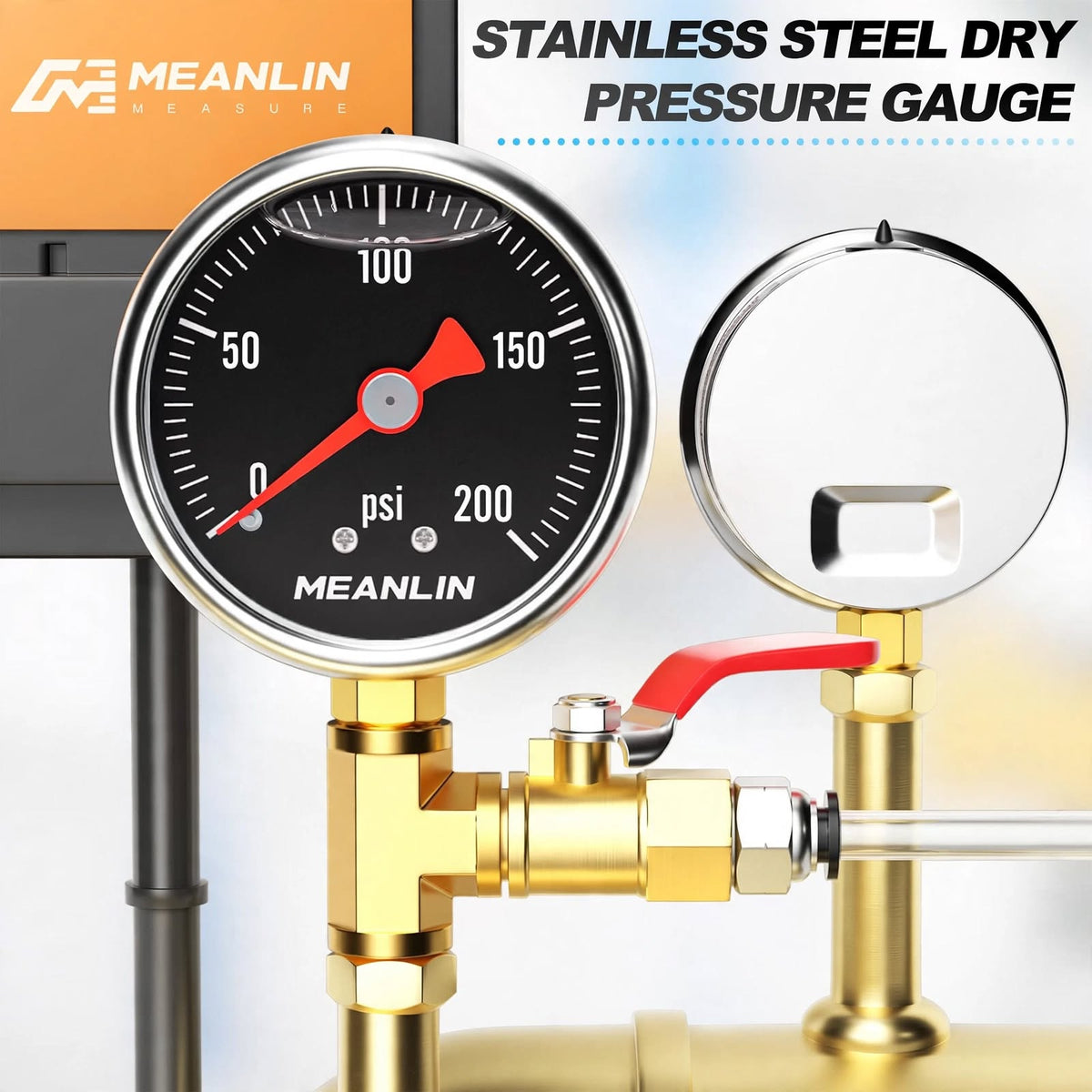 MEANLIN MEASURE 0-200 PSI Glycerin Filled Pressure Gauge - 1.5" Dial Stainless Steel Liquid Filled Gauge 1/8" NPT Lower Mount with 1/4" & 3/8" NPT Bushing + Teflon Tape - Black Dial