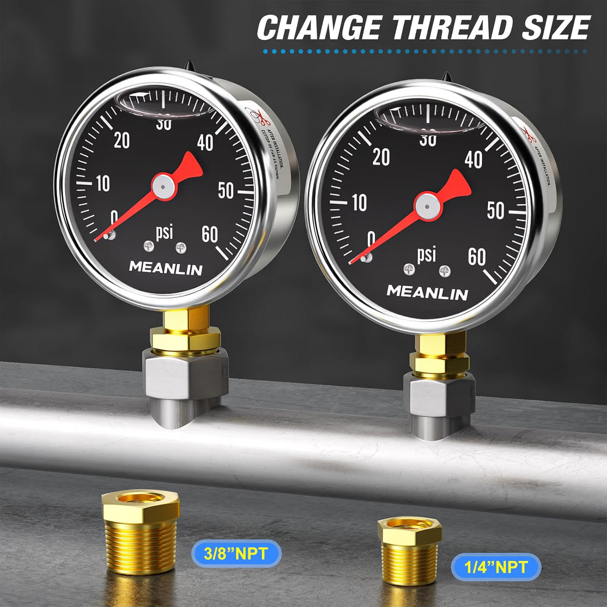 MEANLIN MEASURE 0-200 PSI Glycerin Filled Pressure Gauge - 1.5" Dial Stainless Steel Liquid Filled Gauge 1/8" NPT Lower Mount with 1/4" & 3/8" NPT Bushing + Teflon Tape - Black Dial