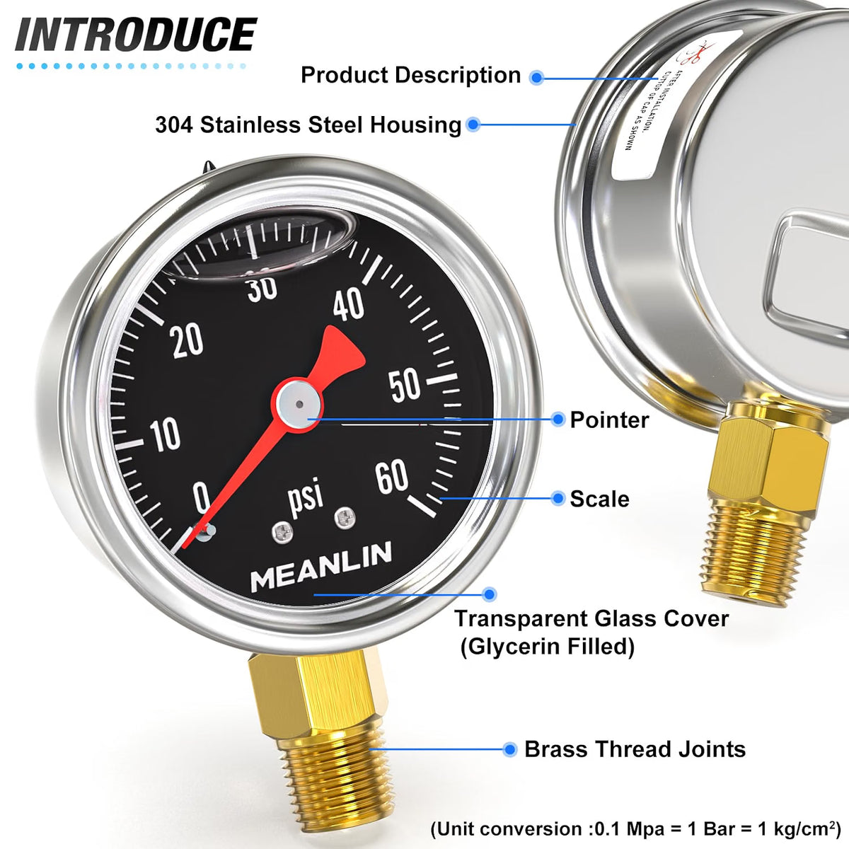 MEANLIN MEASURE 0-200 PSI Glycerin Filled Pressure Gauge - 1.5" Dial Stainless Steel Liquid Filled Gauge 1/8" NPT Lower Mount with 1/4" & 3/8" NPT Bushing + Teflon Tape - Black Dial