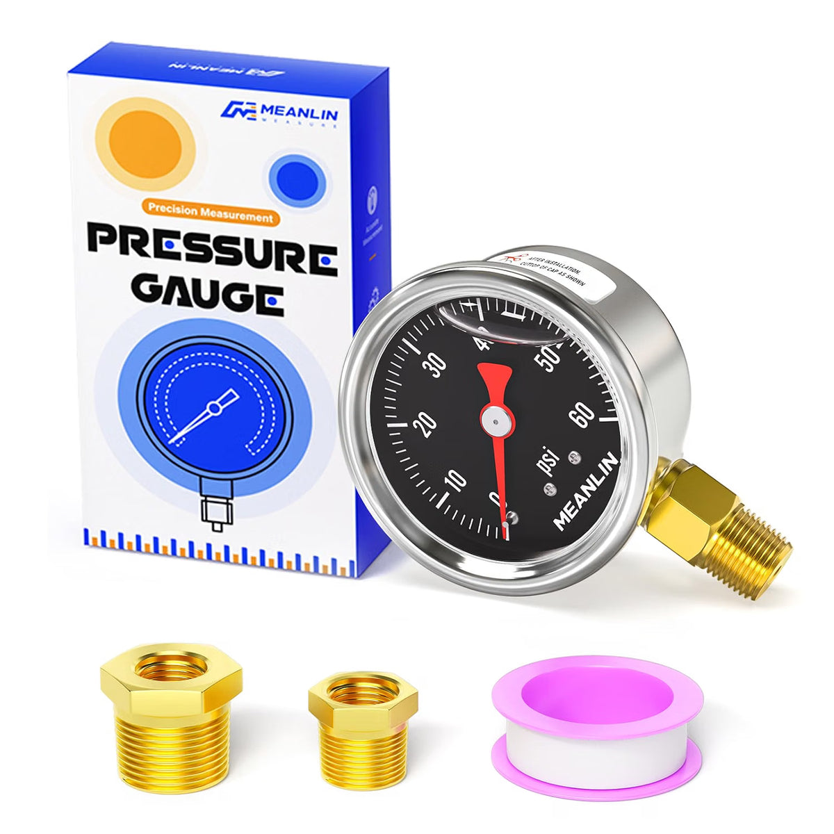 MEANLIN MEASURE 0-200 PSI Glycerin Filled Pressure Gauge - 1.5" Dial Stainless Steel Liquid Filled Gauge 1/8" NPT Lower Mount with 1/4" & 3/8" NPT Bushing + Teflon Tape - Black Dial