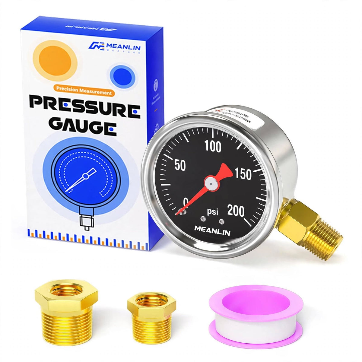 MEANLIN MEASURE 0-200 PSI Glycerin Filled Pressure Gauge - 1.5" Dial Stainless Steel Liquid Filled Gauge 1/8" NPT Lower Mount with 1/4" & 3/8" NPT Bushing + Teflon Tape - Black Dial
