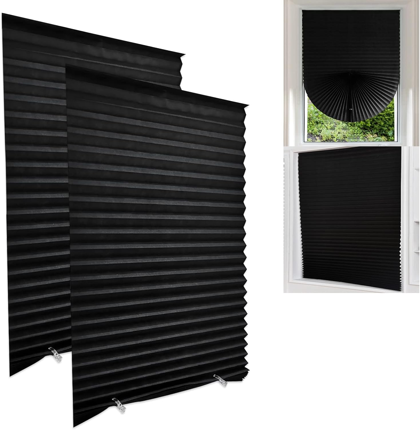 Maritown 2-Pack No Drill Temporary Blinds 60x180cm - Stick On Pleated Shades Black - Rental Friendly Cut to Size Privacy Blinds with 4 Clips