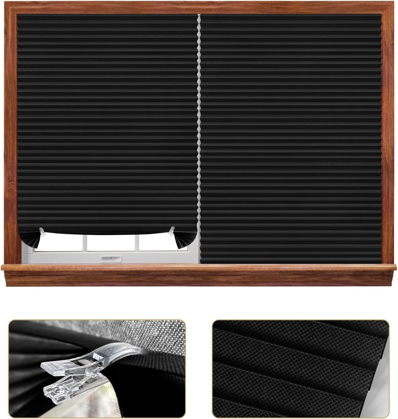 Maritown 2-Pack No Drill Temporary Blinds 60x180cm - Stick On Pleated Shades Black - Rental Friendly Cut to Size Privacy Blinds with 4 Clips