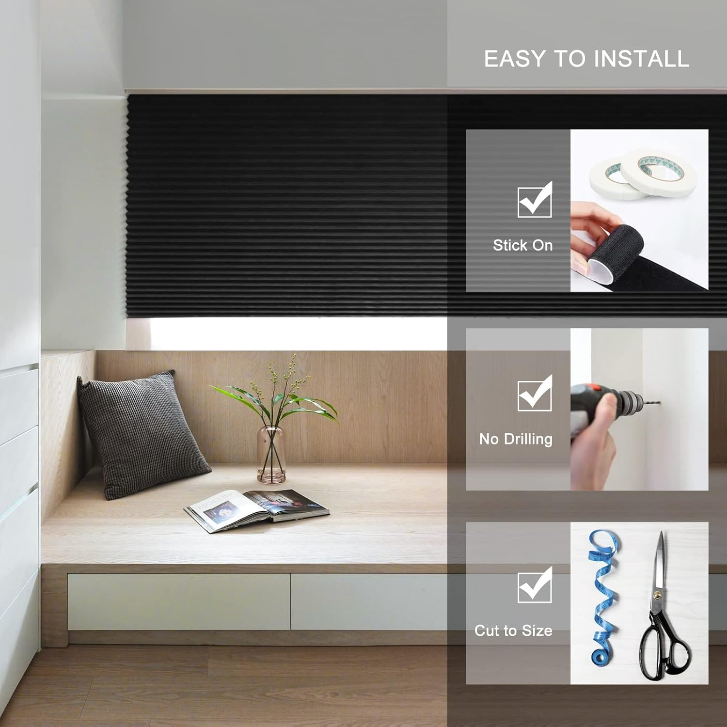 Maritown 2-Pack No Drill Temporary Blinds 60x180cm - Stick On Pleated Shades Black - Rental Friendly Cut to Size Privacy Blinds with 4 Clips