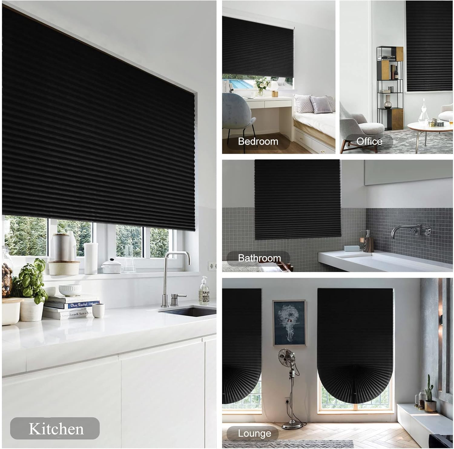 Maritown 2-Pack No Drill Temporary Blinds 60x180cm - Stick On Pleated Shades Black - Rental Friendly Cut to Size Privacy Blinds with 4 Clips