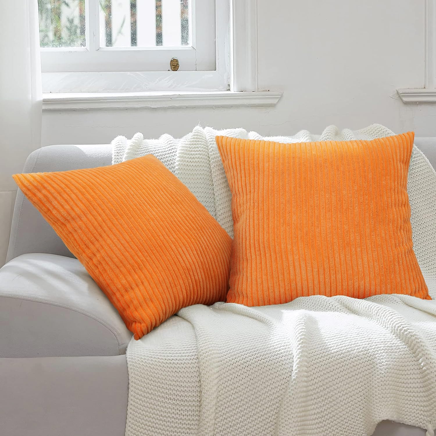 Merrycolor Set of 2 Autumn Striped Corduroy Pillow Covers | 18x18 inch Soft Fluffy Cushion Covers for Sofa & Bedroom (Orange)