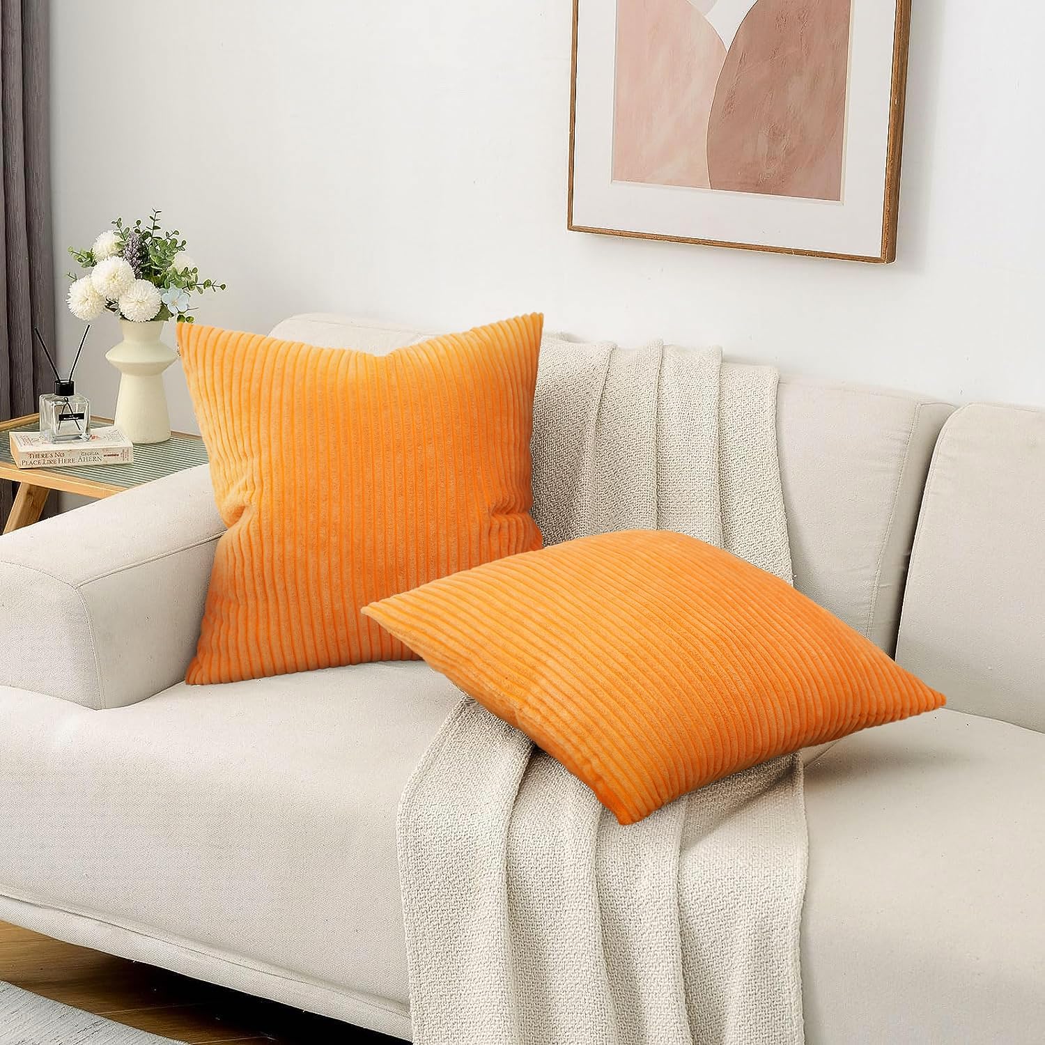 Merrycolor Set of 2 Autumn Striped Corduroy Pillow Covers | 18x18 inch Soft Fluffy Cushion Covers for Sofa & Bedroom (Orange)