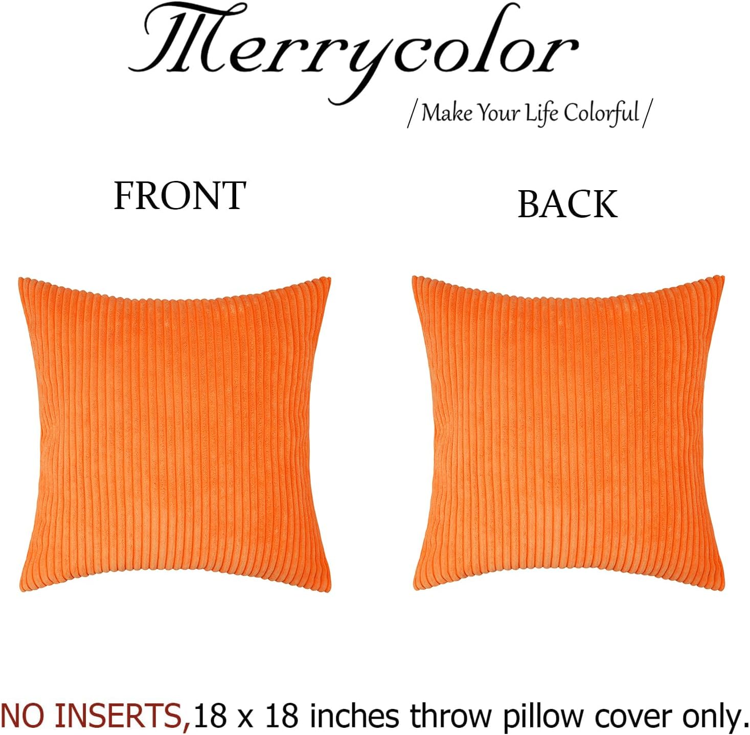 Merrycolor Set of 2 Autumn Striped Corduroy Pillow Covers | 18x18 inch Soft Fluffy Cushion Covers for Sofa & Bedroom (Orange)