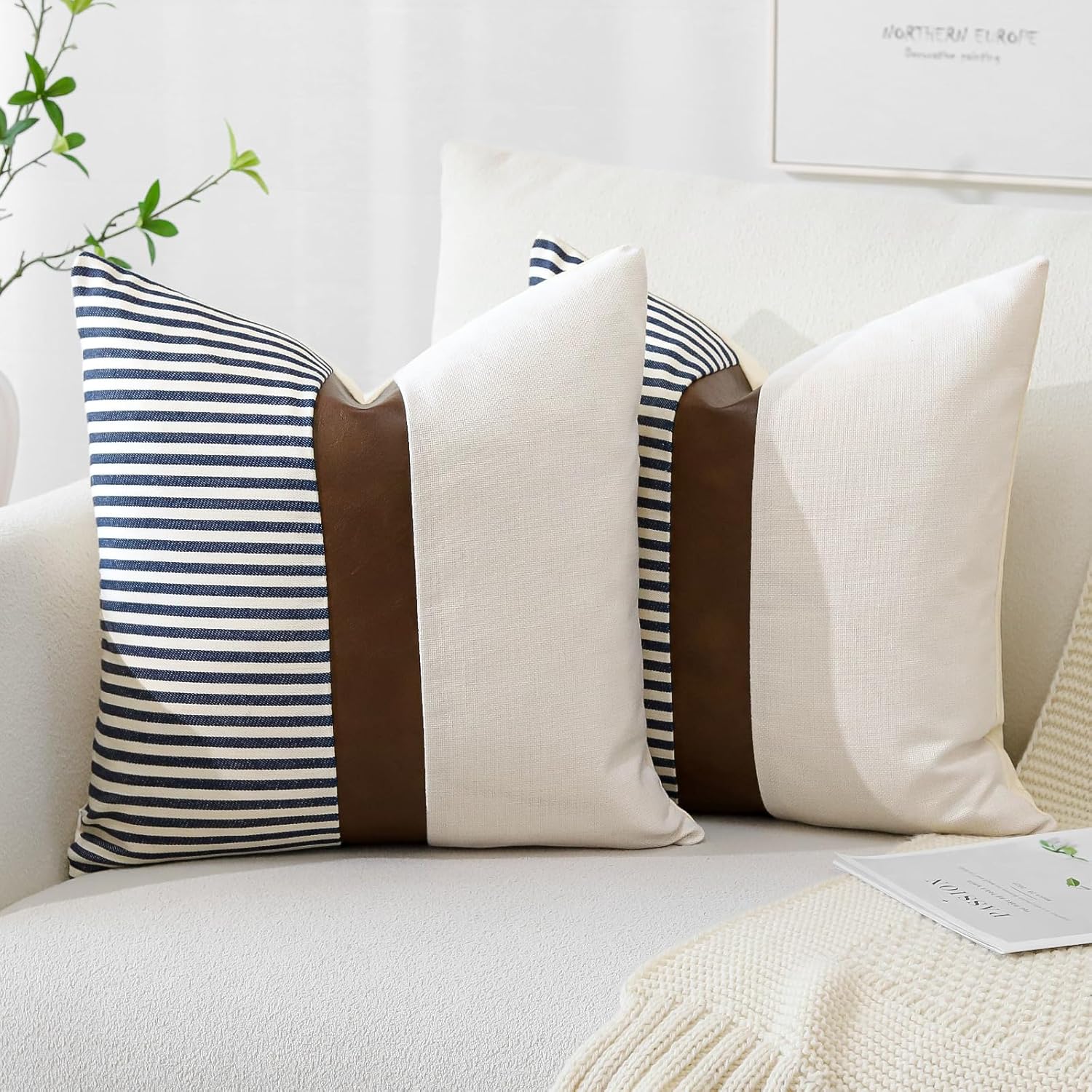 Merrycolor farmhouse navy blue and tan pillow covers set of 2, 40x40cm faux leather patchwork textured cushion covers for sofa