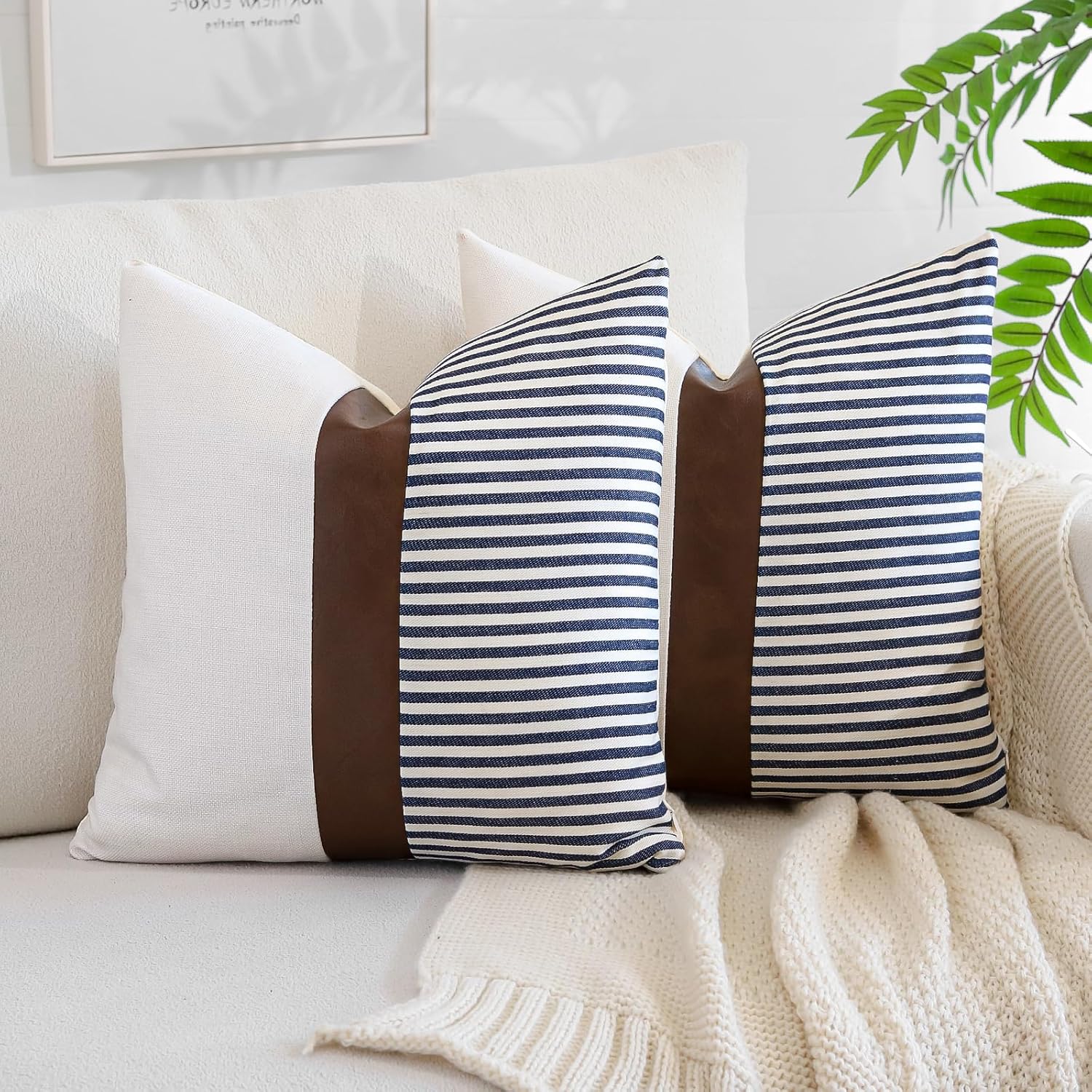 Merrycolor farmhouse navy blue and tan pillow covers set of 2, 40x40cm faux leather patchwork textured cushion covers for sofa