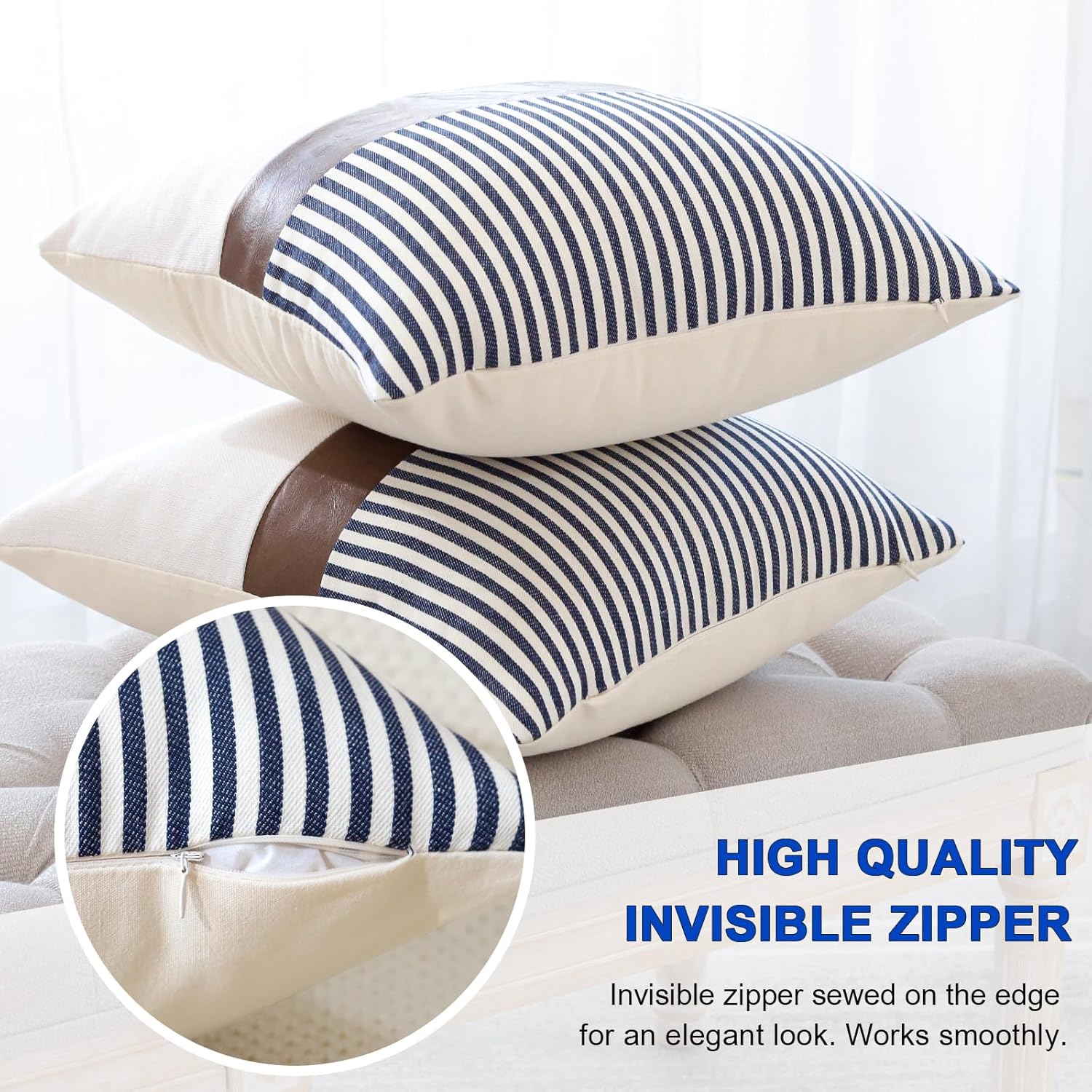 Set of 2 Merrycolor farmhouse navy blue and tan pillow covers with faux leather patchwork, textured cushion covers for sofa decor
