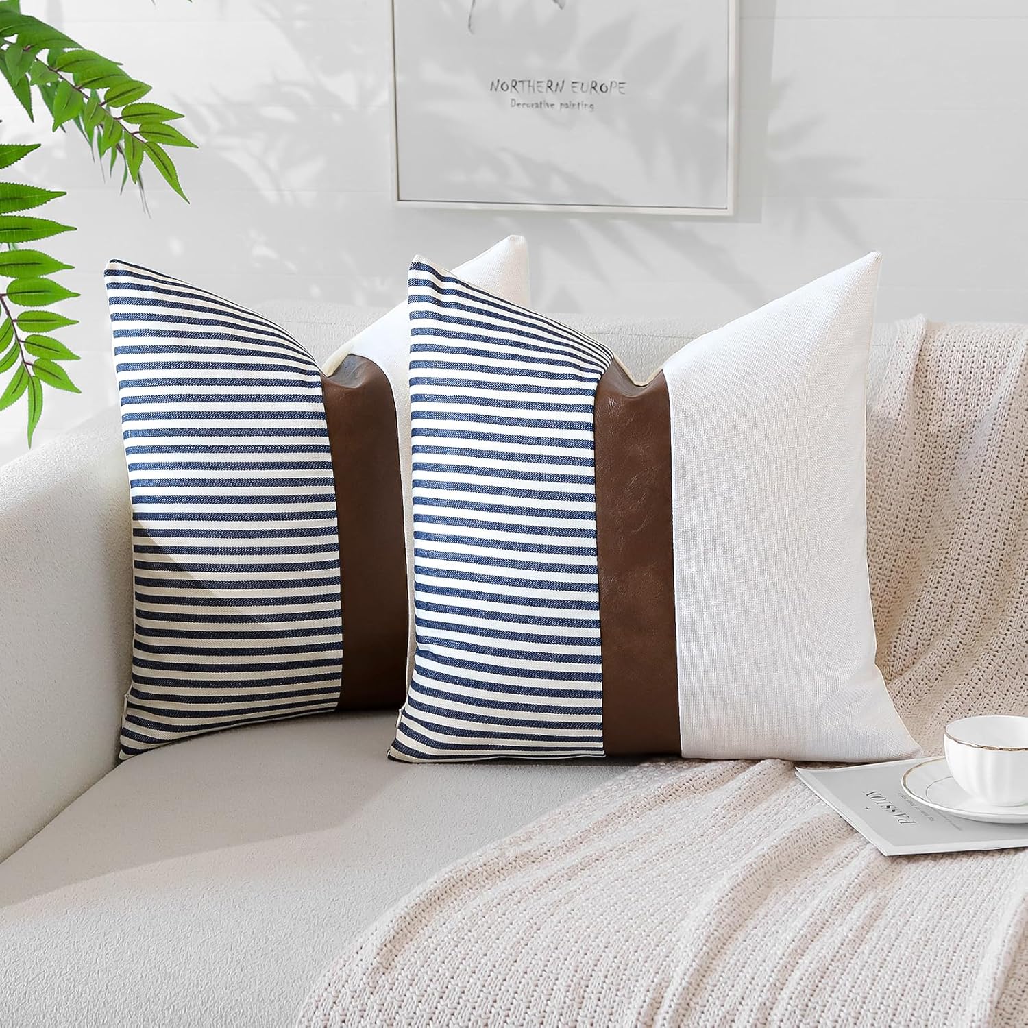 Merrycolor farmhouse navy blue and tan pillow covers set of 2, 40x40cm faux leather patchwork textured cushion covers for sofa.