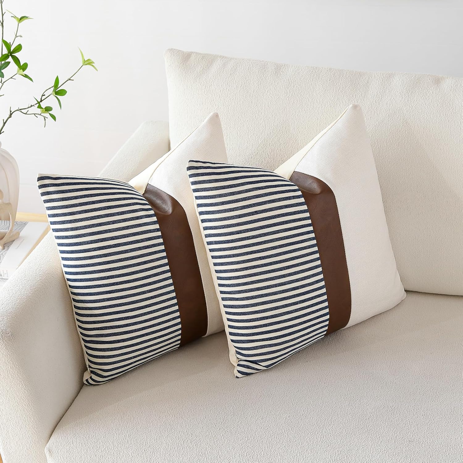 Set of 2 Merrycolor farmhouse navy blue and tan pillow covers, 40x40cm faux leather patchwork textured cushion covers for sofa or living room