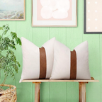 Merrycolor Set of 2 Farmhouse Cushion Covers 50x50 cm - Tan Faux Leather Patchwork Striped Textured Pillow Covers, Cotton Linen