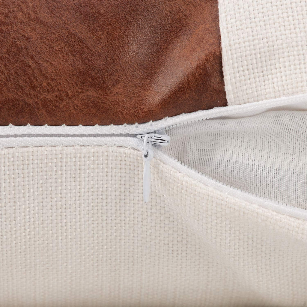 Merrycolor Set of 2 Farmhouse Cushion Covers 50x50 cm - Tan Faux Leather Patchwork Striped Textured Pillow Covers, Cotton Linen