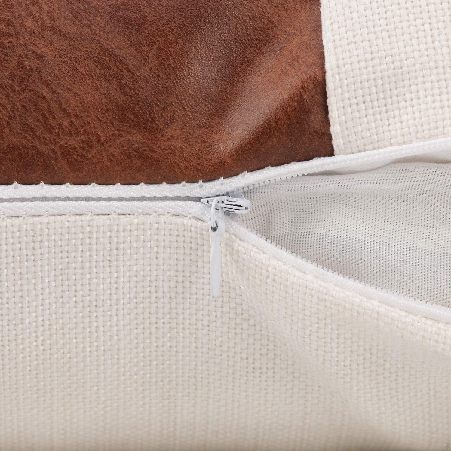 Merrycolor Set of 2 Farmhouse Cushion Covers 50x50 cm - Tan Faux Leather Patchwork Striped Textured Pillow Covers, Cotton Linen