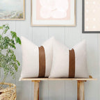 Merrycolor Set of 2 Farmhouse Cushion Covers 50x50 cm - Tan Faux Leather Patchwork Striped Textured Pillow Covers, Cotton Linen