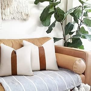 Merrycolor Set of 2 Farmhouse Cushion Covers 50x50 cm - Tan Faux Leather Patchwork Striped Textured Pillow Covers, Cotton Linen