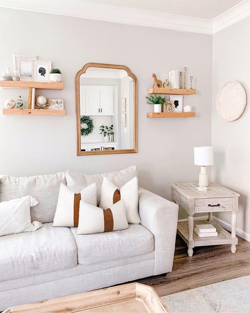 Merrycolor Set of 2 Farmhouse Cushion Covers 50x50 cm - Tan Faux Leather Patchwork Striped Textured Pillow Covers, Cotton Linen