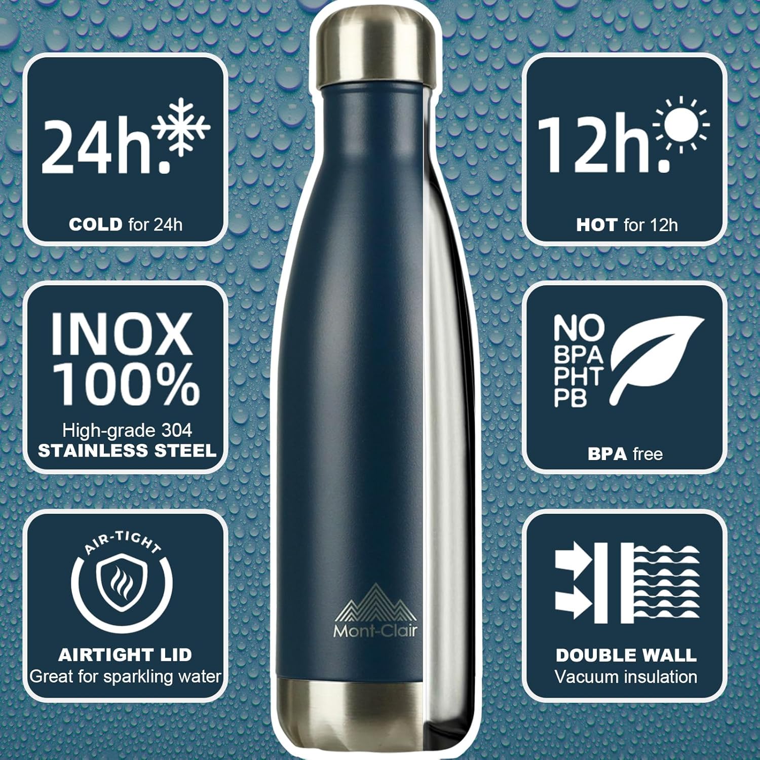 Mont-Clair H2O 1L vacuum insulated stainless steel water bottle in blue, leakproof, BPA-free, keeps drinks cold 24h and hot 12h