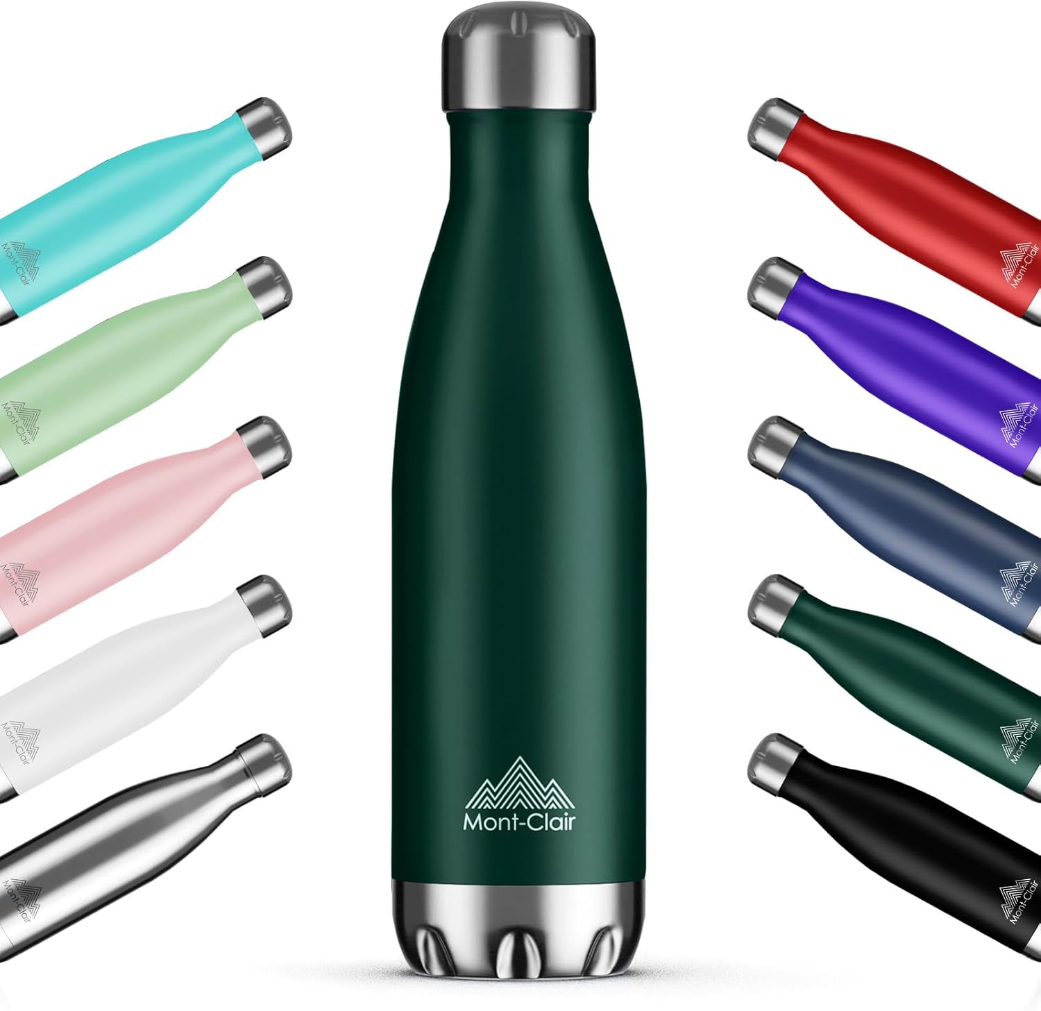 Mont-Clair H2O 1L stainless steel vacuum insulated water bottle in green, leakproof, BPA-free, keeps drinks cold 24h and hot 12h.
