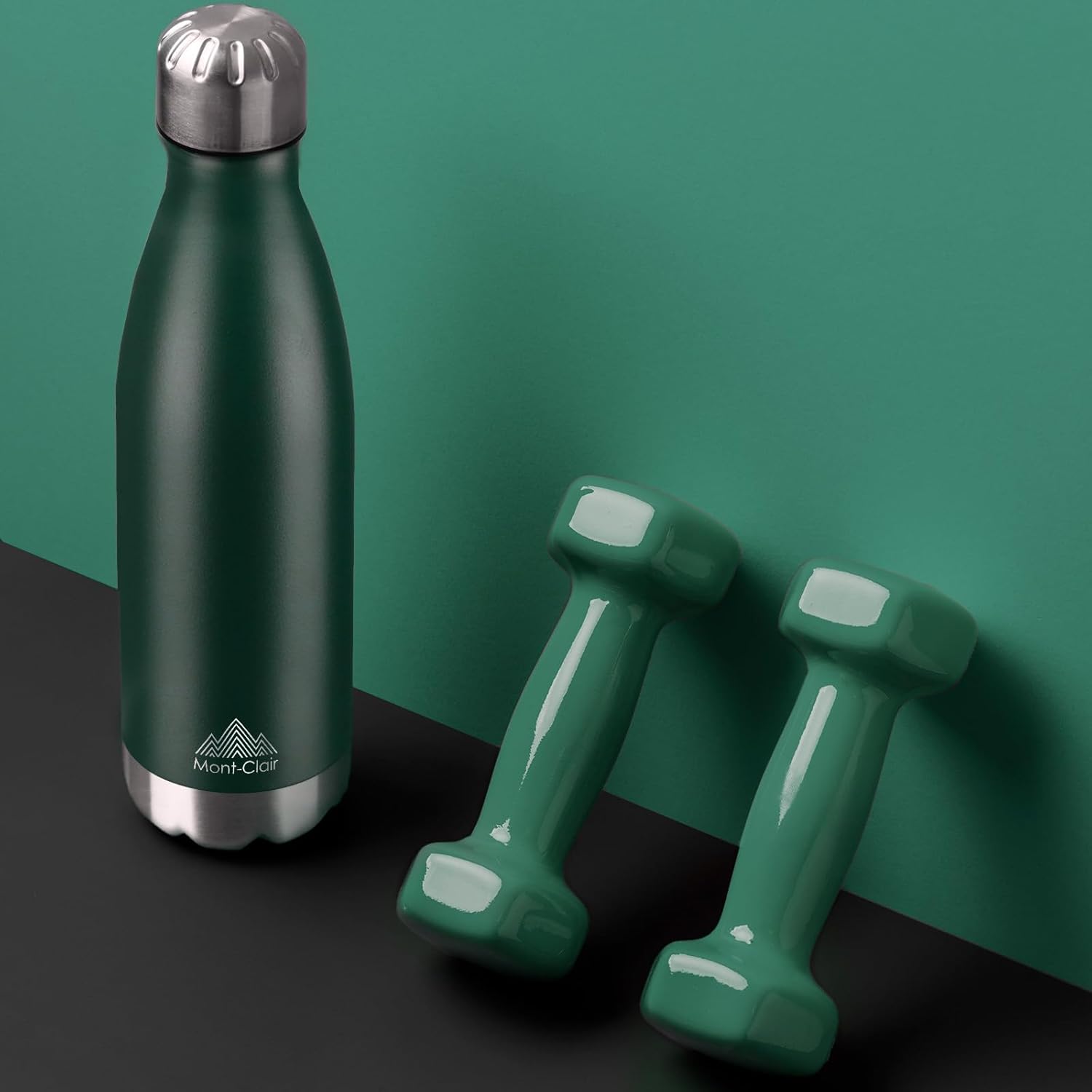 Mont-Clair H2O 1L stainless steel vacuum insulated water bottle in green, leakproof, BPA free, keeps drinks hot 12h and cold 24h