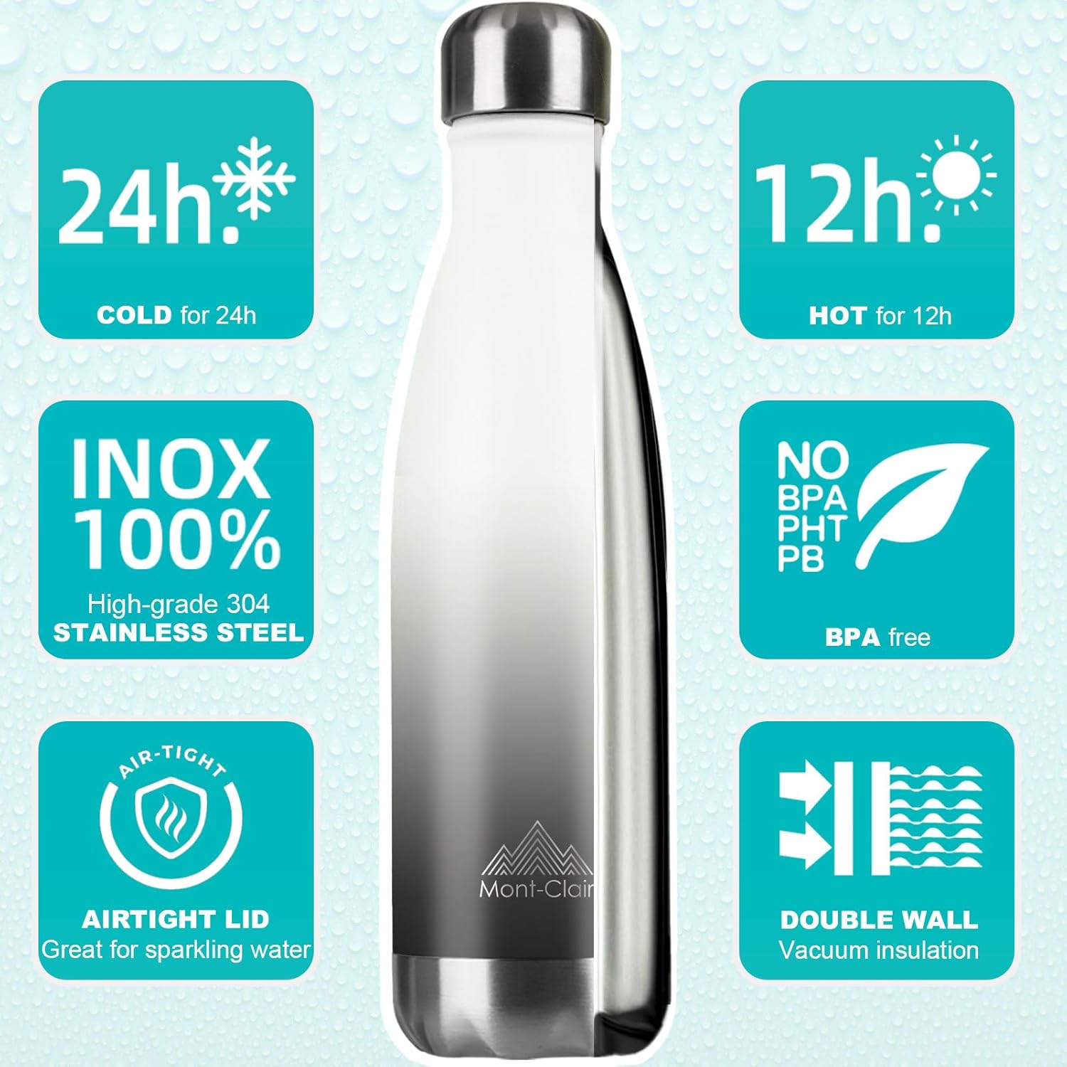Mont-Clair H2O 1L vacuum insulated stainless steel water bottle, BPA-free, leakproof, keeps drinks cold 24h and hot 12h, grey color